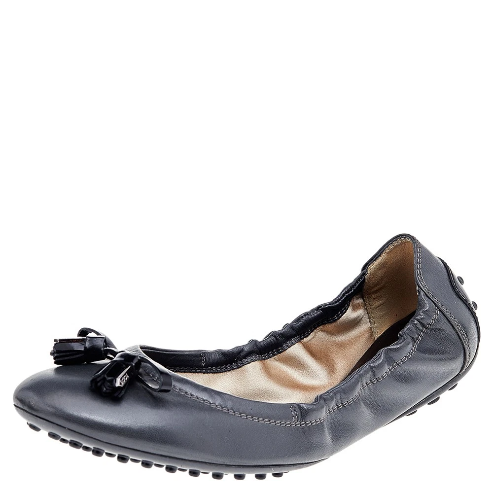 TOD’S Piastrelle da balletto scrunch grigio nero verniciato e pelle dettaglio fibbia taglia 36 5