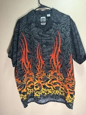 Y2K Fire Flame Dragon Button Up Shirt Tribal Clubwear Streetwear M