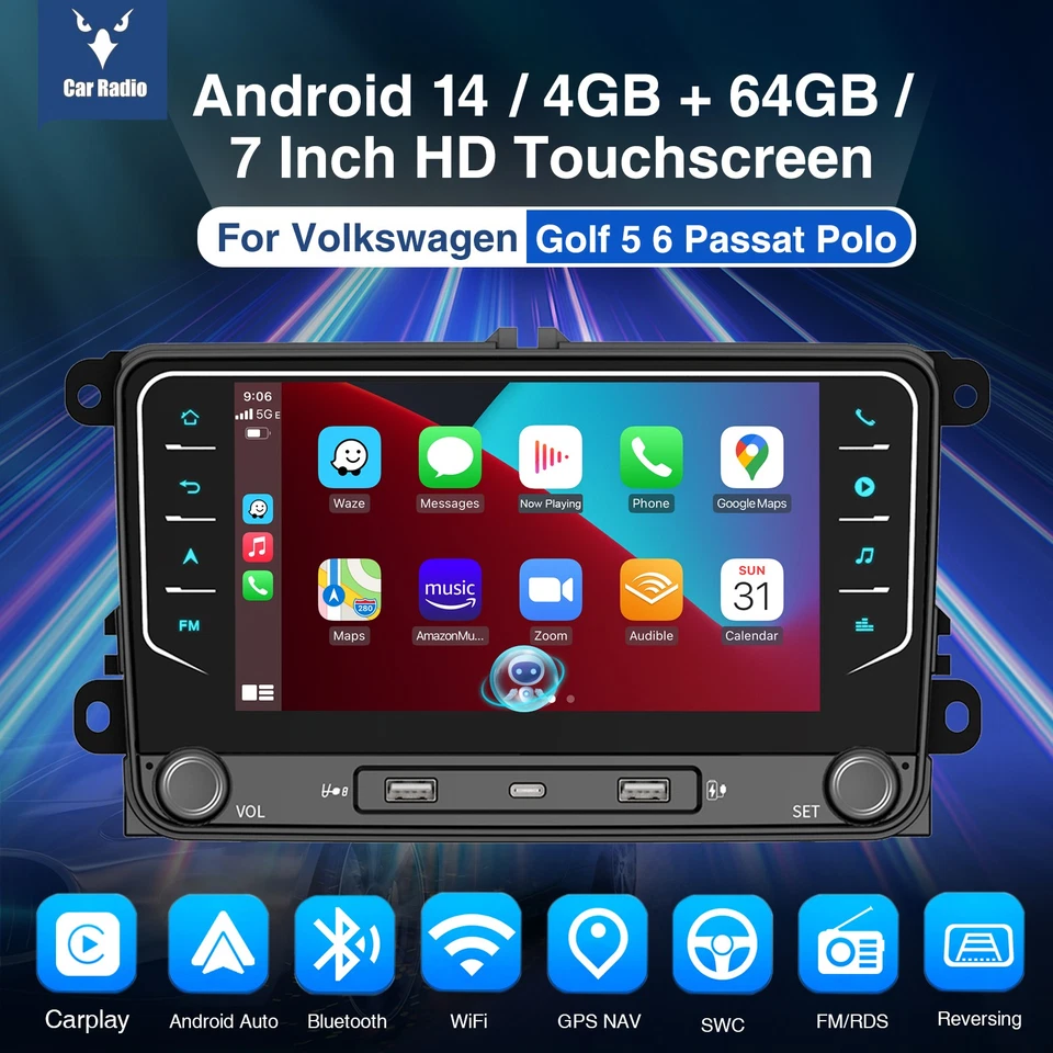 Radio estéreo de coche GPS USB tipo C para VW Volkswagen Jetta Passat 7" Carplay 4+64G Foto 2 de 4
