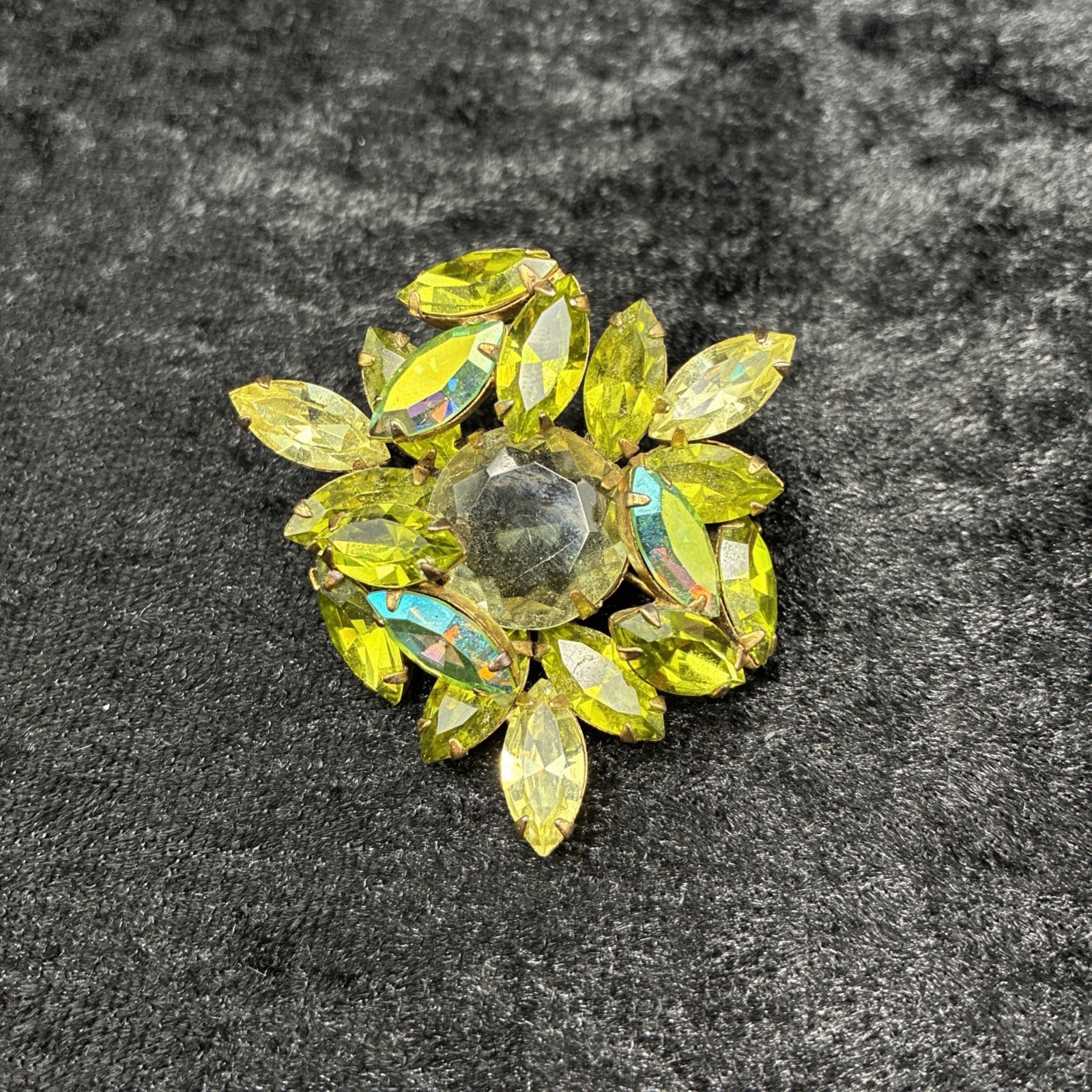 Regency Lime Green Yellow Rhinestone Art Deco Brooch Uranium Glass Vtg MCM