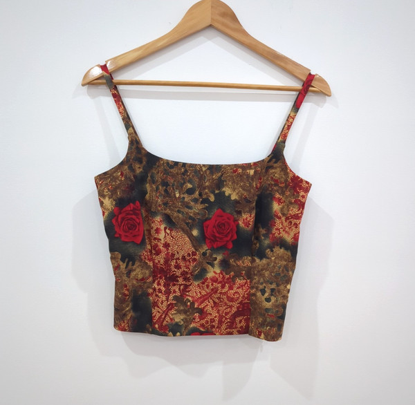 VTG MAESTRO Y2K 90s Fitted Sqaure Crop Cami Top Womens 10 Red Black Roses Vamp