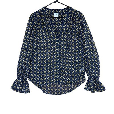 Cabi Womens Blouse Navy Blue Floral V Neck Button Down Sheer Long Sleeve Small