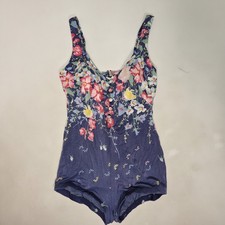 Vtg 70s 80s Sears The Fashion Place Swimsuit Floral One Piece Blue Size 14