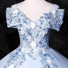 Ladies Blue Floral Embroidered Evening Dress Prom Ballgown Long Banquet Party