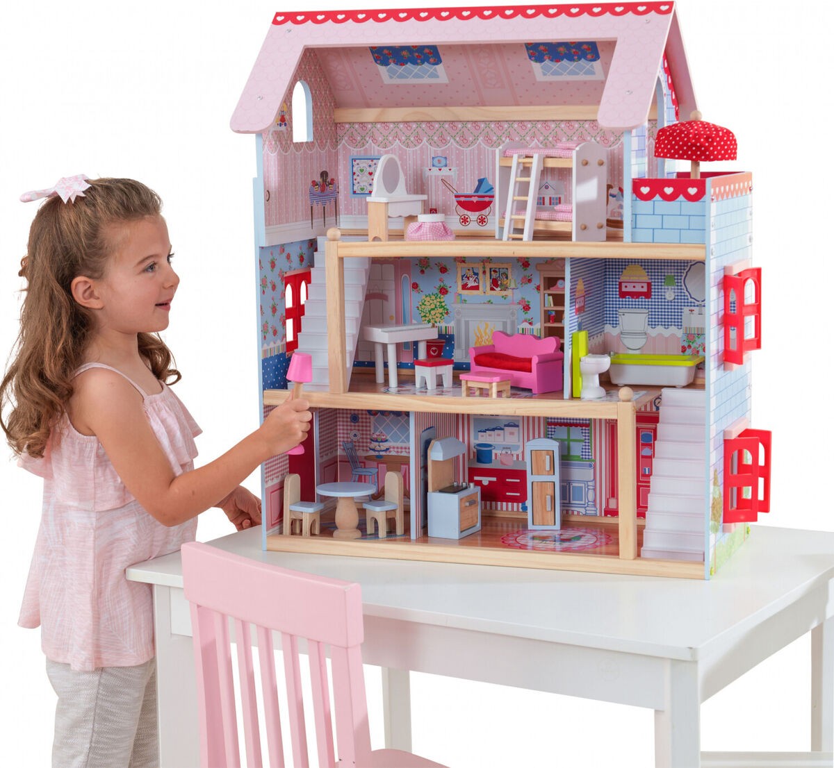 Wooden Doll House Toy with 16 Piece Doll-House Furniture Set –