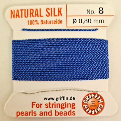 Griffin Naturseide Perlseide blau Nr. 8 Ø 0,80 mm +1 Nadel, 2 m,
