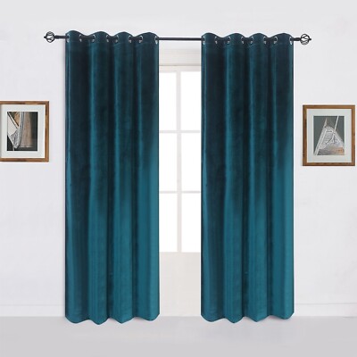 Super Soft Luxury Velvet Dark Green Blackout Energy Efficient Grommet Curtain...
