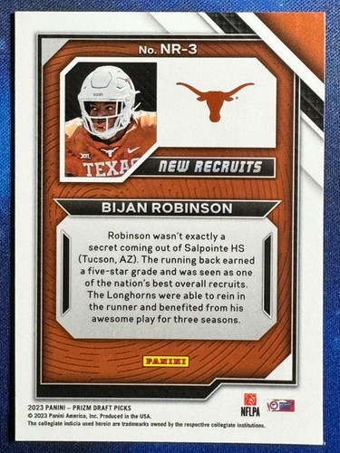 2023 Panini Prizm Draft Picks New Recruits #NR-3 Bijan Robinson - Picture 2 of 2