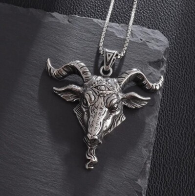 Large Goat Head Satanic Pentagram Steel Pendant Necklace Baphomet