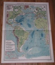 1908 ANTIQUE PHYSICAL MAP OF ATLANTIC OCEAN / OCEAN DEPTHS AMERICA EUROPE AFRICA