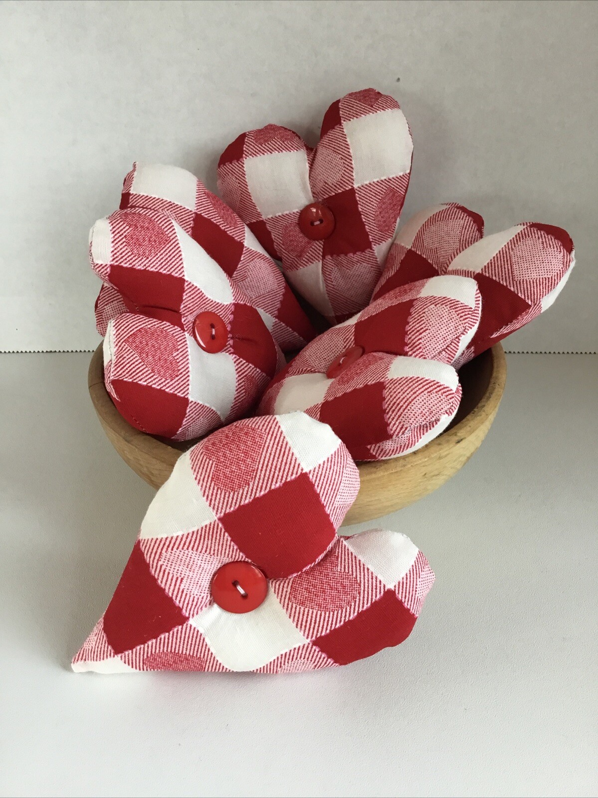 6 Red and White Valentine print fabric Bowl Fillers Hearts Tucks ornies decor