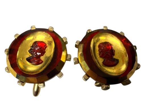 Vintage Red & Gold-Tone Cameo Cufflinks With Starburst Backplate Estate Rare - Picture 2 of 8