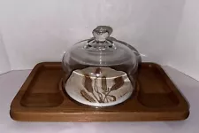 Vintage Cheese Charcuterie Board Glass Dome Teak GoodWood Japan 1970s Wheat