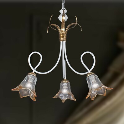 Wrought Iron Chandelier Ivory and Gold Leaf 3 Lights Murano Glass 