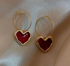 Red Enamel Love Heart Gold Hoop Earrings