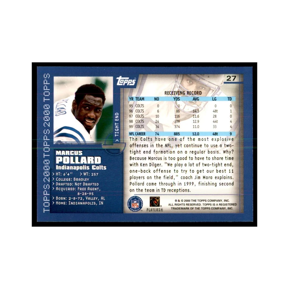Marcus Pollard 2000 Topps #27 Football Cards Football Card NM - Image 2 of 3