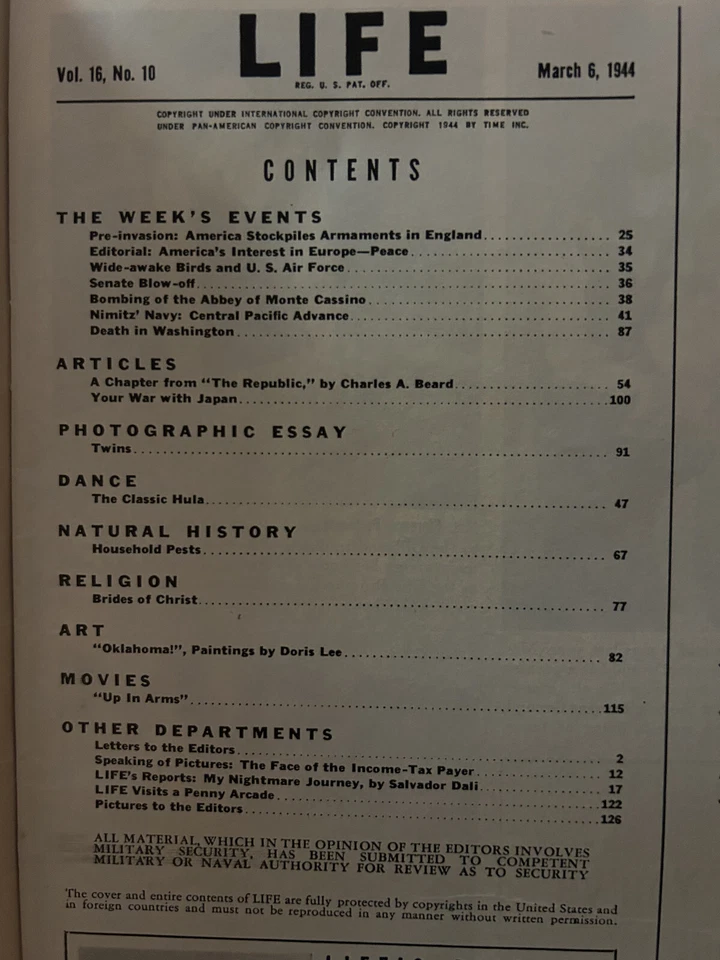 Life Magazine March 6, 1944, Pre Invasion, Monte Cassino bombing Up in Arms film Foto 2 de 4