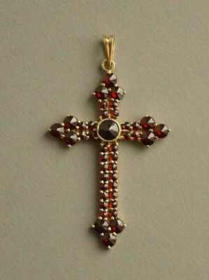 3Ct Round Cut Red Ruby Cross Beautiful Pendant 14K Yellow Gold Finish Free Chain