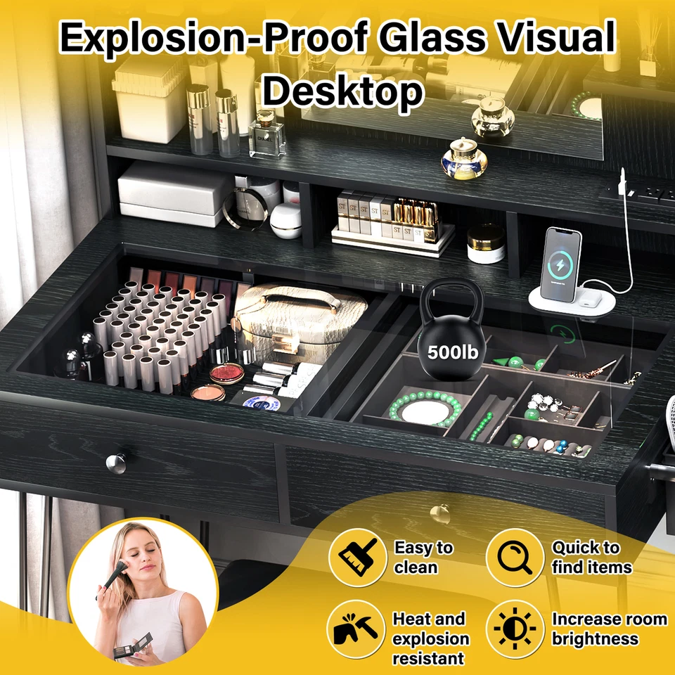 Juego de tocador de maquillaje con espejo tocador con estación de carga para dormitorio Foto 3 de 4