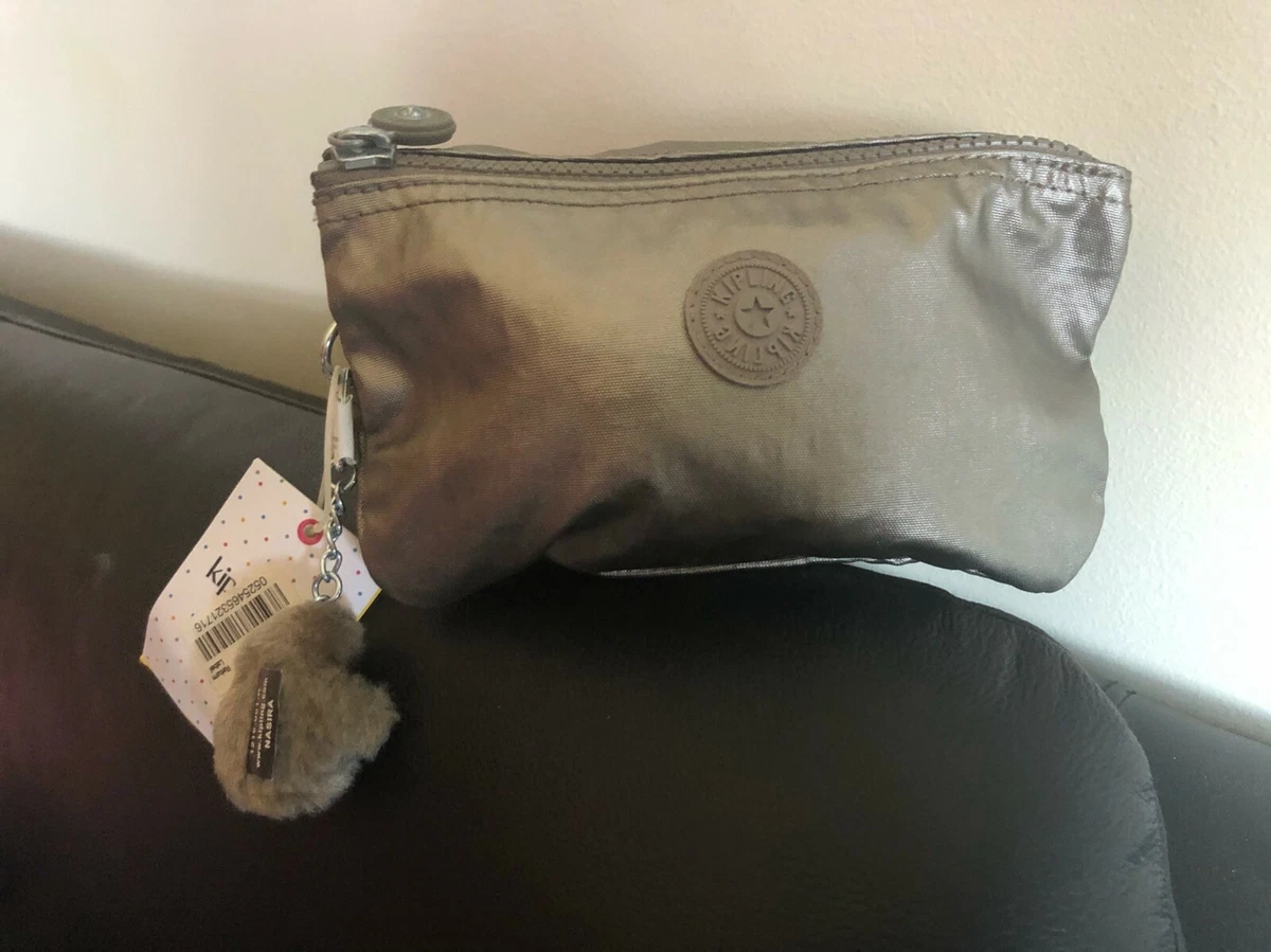 NWT Kipling Metallic Pewter Silver Zippered Cosmetic Case Gorilla Keychain 7x4