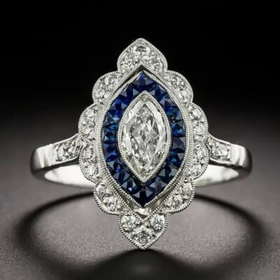 Art Deco Marquies Cut Lab Created Diamond & Sapphire Wedding 925 Silver Ring
