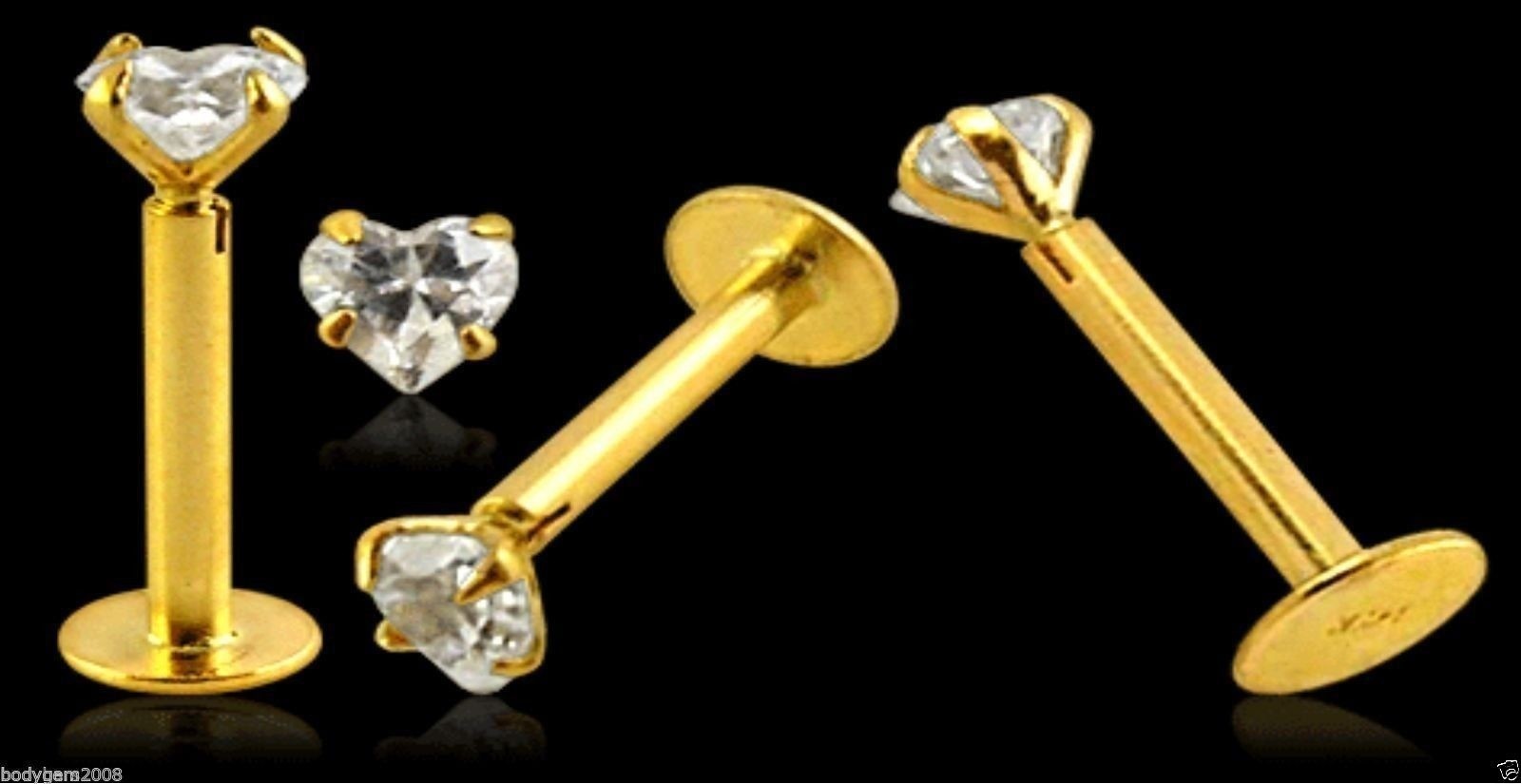 Labret Monroe 14K Carat Gold 3mm Heart Gem Lip Chin Helix Snug Bar 16g 8mm