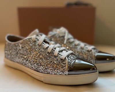 miumiu ビジューシルバーグリッター フラットシューズ37.5(24.5) Miu Miu Women's Cap Toe Silver Flat Shoes Sneakers Lace Up Size