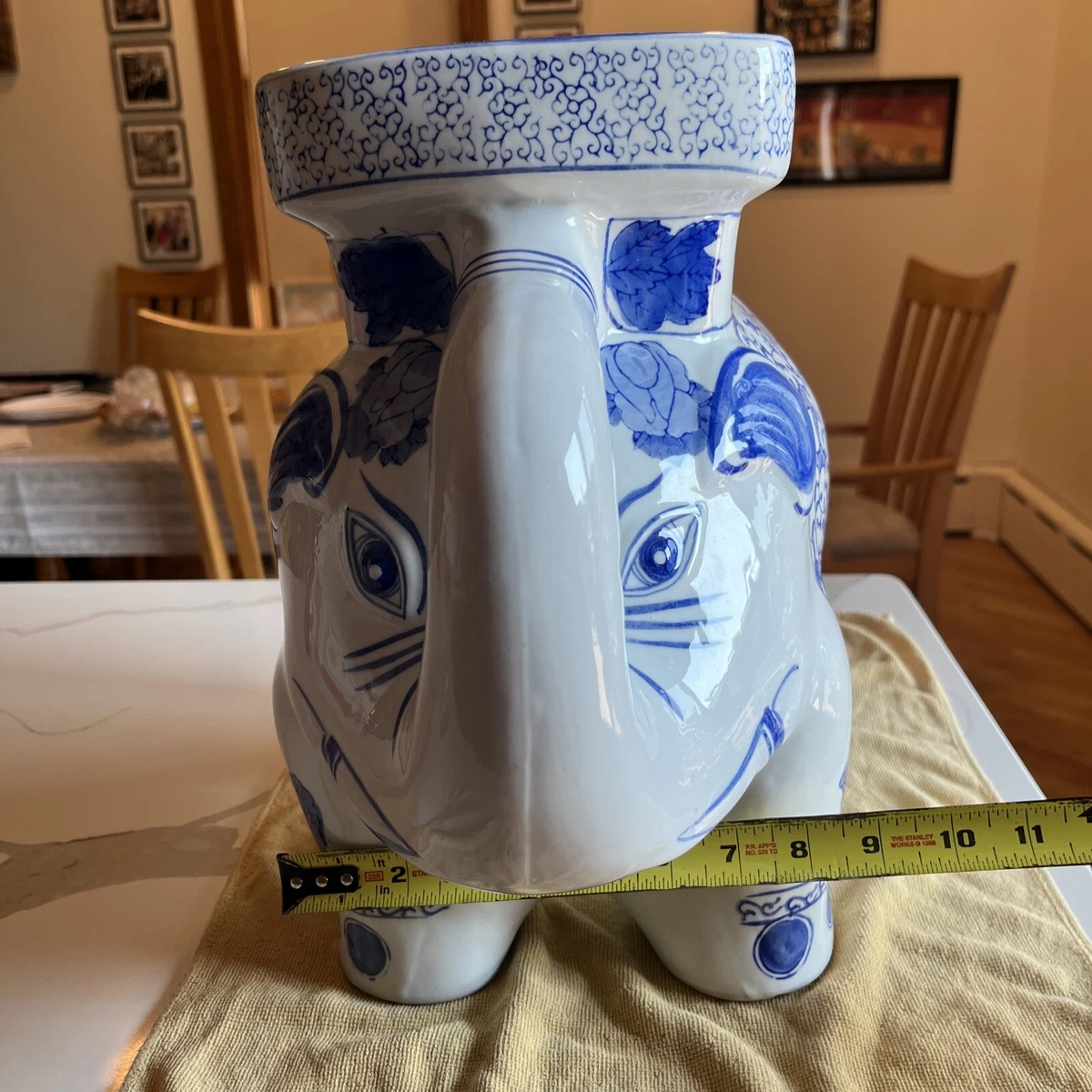 Vintage Boho Chic Blue White Ceramic Elephant Plant Stand