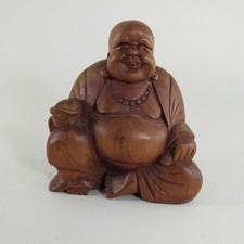 Hand Carved Wooden Laughing Buddha Figurine 4 1/2" Tall