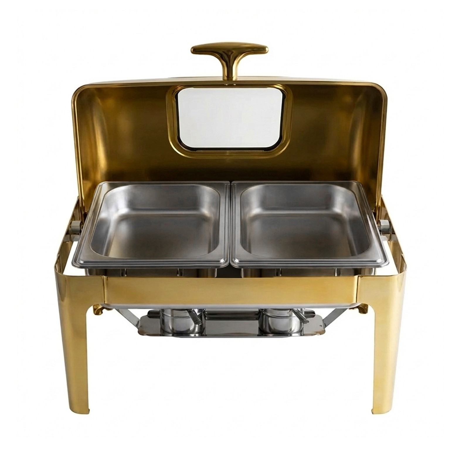 Chauffe-plats inox doré 9L, chafing dish de luxe avec couvercle vitré panoramique