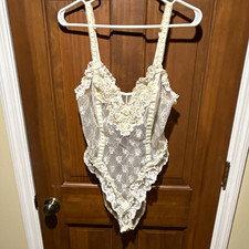 Vintage Women&rsquo;s Ivory Sheer One Piece Lingerie Teddy Sequin Pearl Lace Bow Sz S