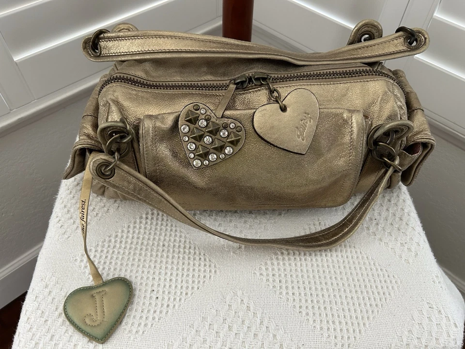 Cartera de Colección Juicy Couture Jane/Janie Cuero Dorado Metálico agrietado Y2K Foto 2 de 4