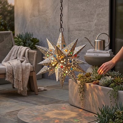 Moravian Star Pierced Metal Glass Pendant Light Lamp Hanging w/marbels 13 ''
