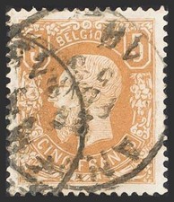 Belgium. Used Yvert 37A. 1869. 5 Fr Pale Chestnut. Cancellation Obverse. Magnifi