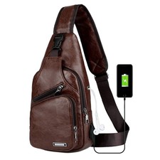 Leather Mens Crossbody Sling Bag Chest Backpack With USB Charging Port Travel...