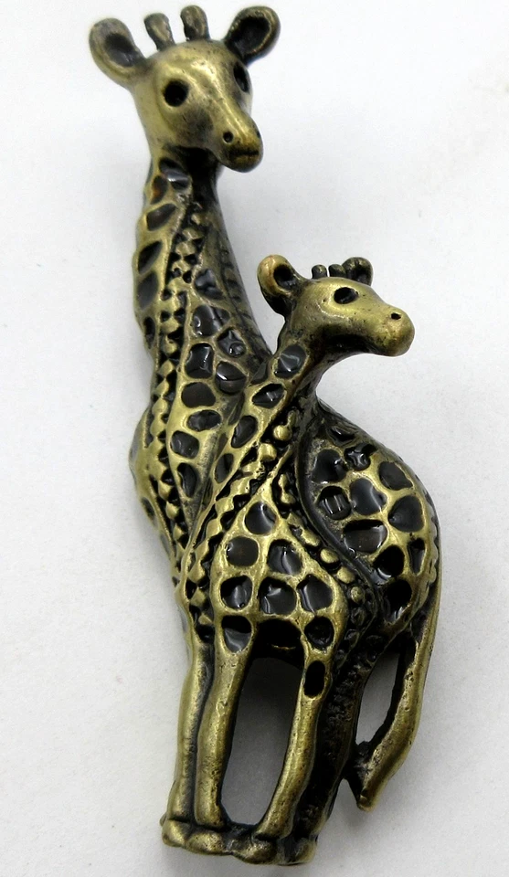 2.5" Mom baby Giraffe PENDANT Brooch Pin BIG LARGE Gold Tone Brown Enamel Metal - Image 3 of 4