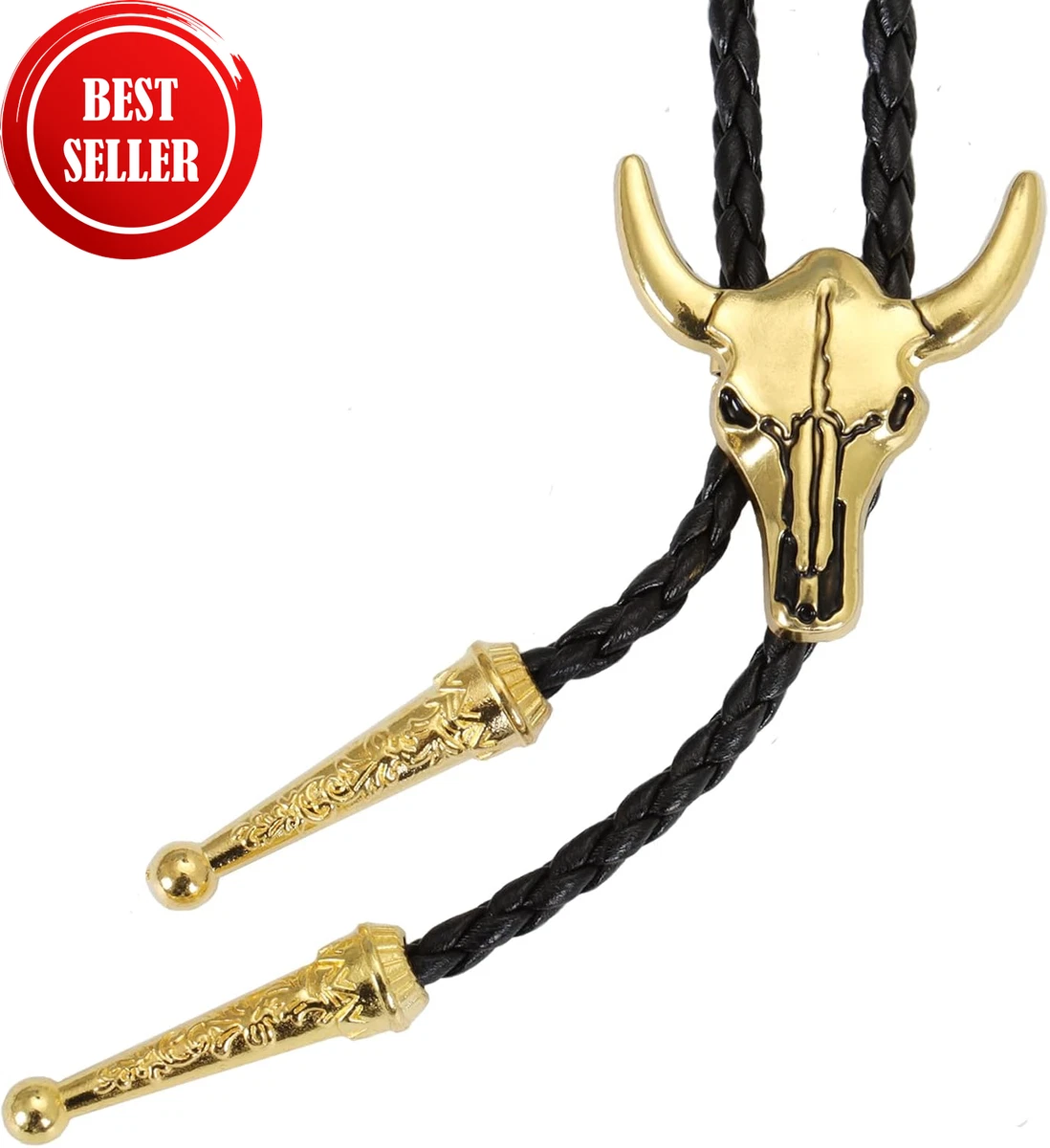 Western Vintage Bolo Tie for Men - Cow Skull Design Cowboy Tie - Black Leather B