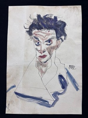 EGON SCHIELE drawing and painting on old paper signed stamped vintage