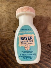 Vintage Bayer Children  s Aspirin Bottle Pink Plastic Cap, Label, Orange Flvrd