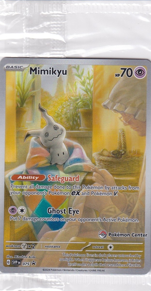 075 pokemon card Mimikyu Paldean Fates ETB Black Star Promo SVP PSA 10 TBC Games Ability Safeguard Prevent all damage done to this Pokemon by attacks from your opponents Pokemon ex and Pokemon V Pokemon Graded: Mimikyu #75 Paldean