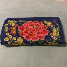 Floral Embroidered Zip Around Wallet Clutch Purse Black Multicolor Design