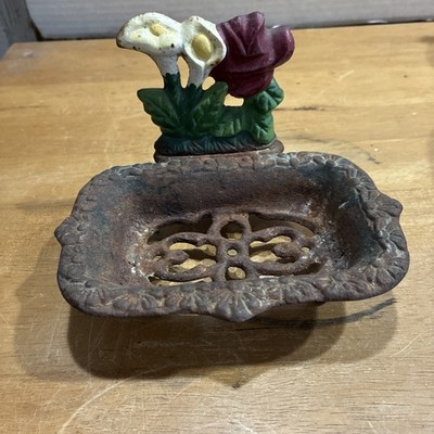 Antique Cast Iron Footed Floral Soap or Sponge Dish with Some Patina