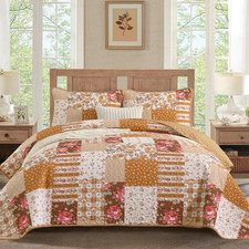 Floral Quilt Set King Size, 3 Pieces Patchwok Burnt Orange Brown Bedspread Fall