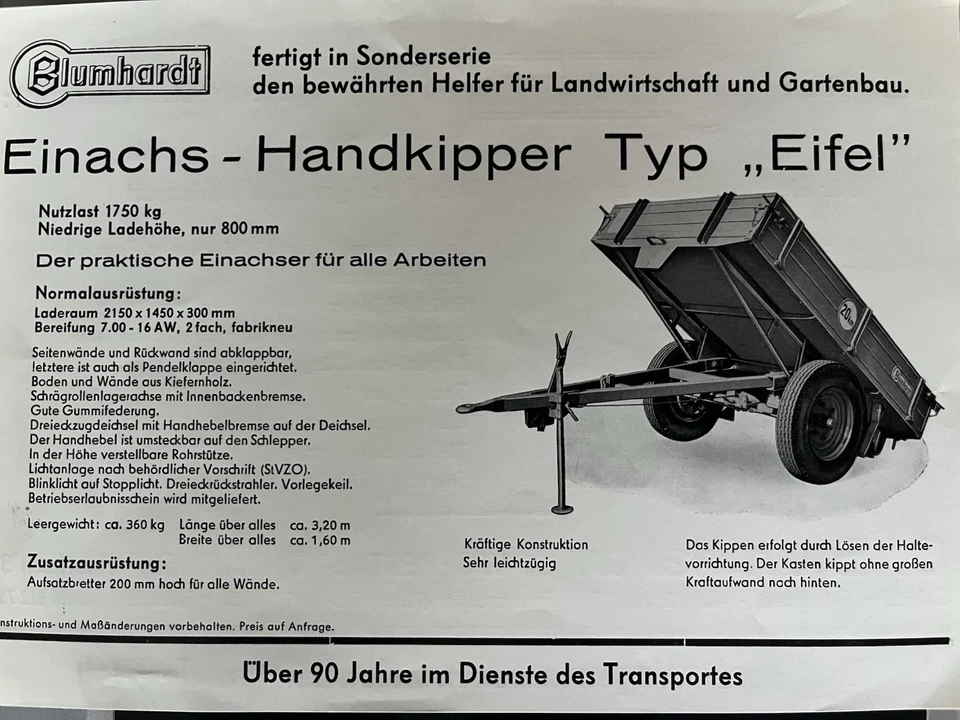 Prospekt Blumhardt Einachs Kipper  Eifel Anhänger Traktoren Fendt Deutz Eicher - Bild 1 von 1