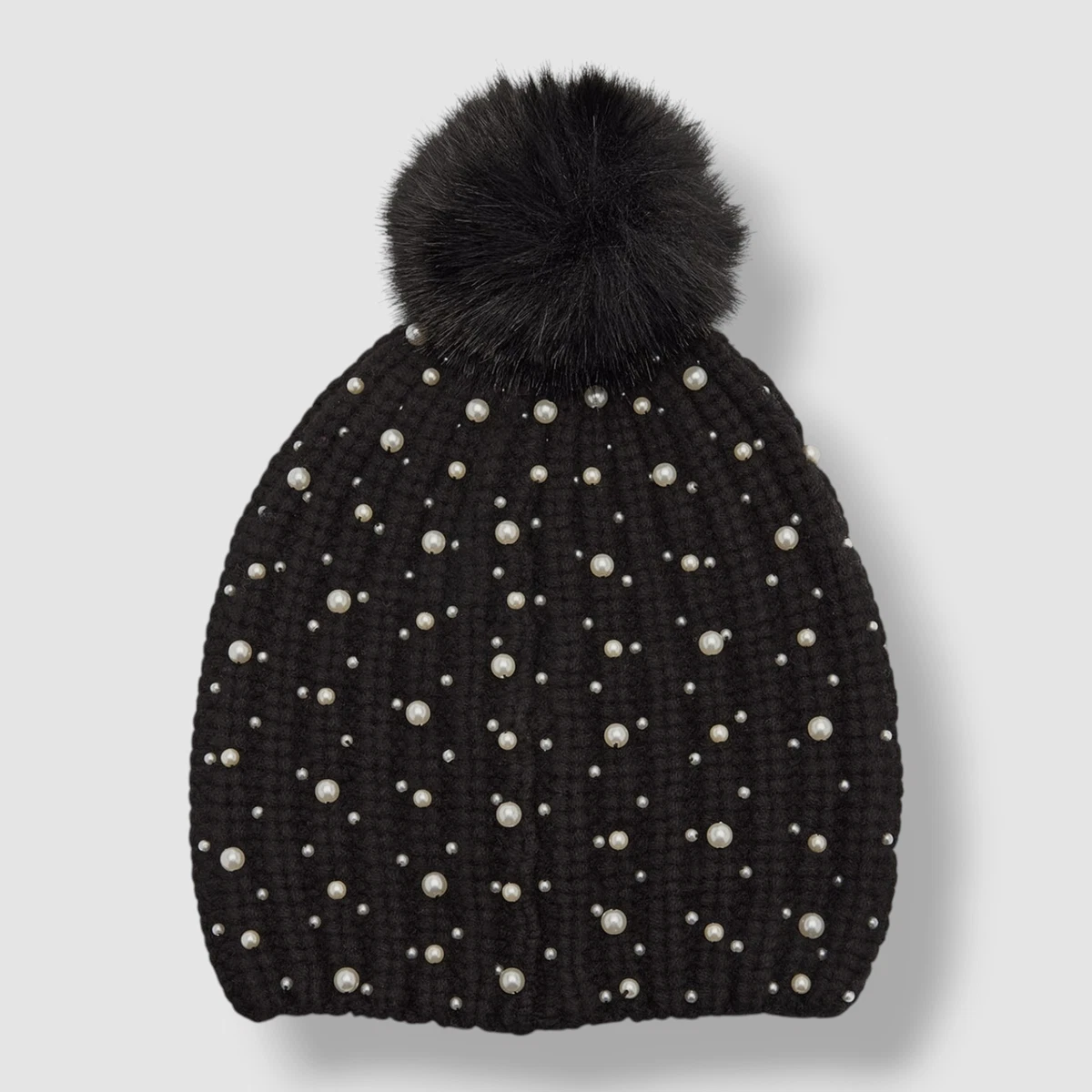 NWT ADRIENNE LANDAU BLACK BLING KNIT HAT W/ POM Adrienne Landau Black Knit Beanie with Faux Fur Pom Pom main image 3