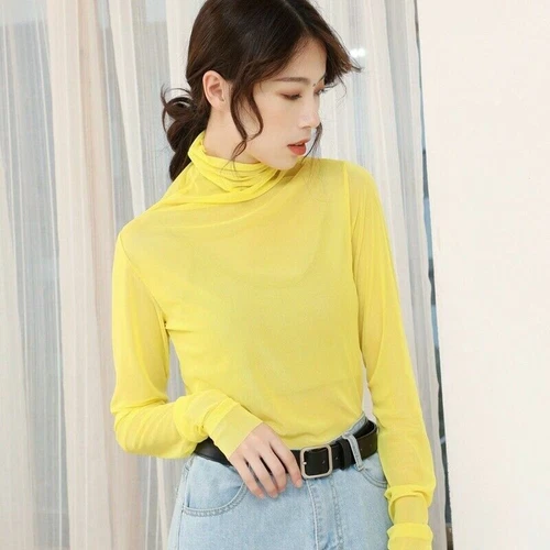 Lady Mesh Blouse See Through Sheer Casual Tops Long Sleeve Turtle Neck Thin Sexy - Picture 12 of 29
