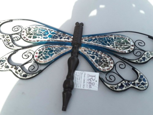 2 Libellen Wandbehang Metall Glas Mosaik Handarbeit Gartendeko Regal Art - Bild 6 von 11
