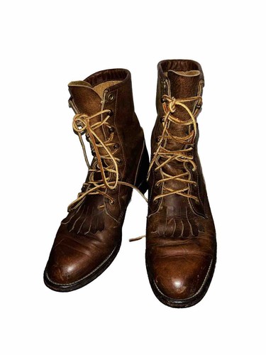 Justin Boots Womens 6 C Brown Leather Kiltie Roper Western Cowboy Lace Up - Picture 2 of 7