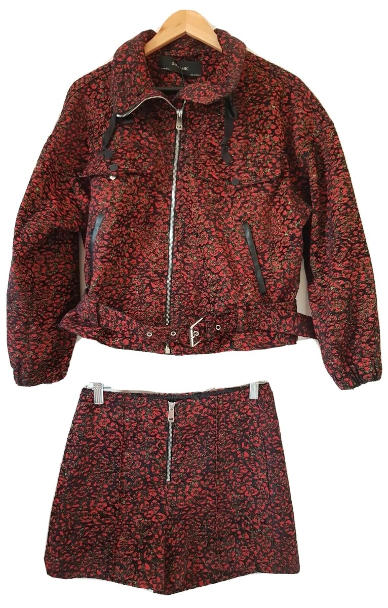 ZARA Jacquard Animal Leopard Coord Set Moto Bomber Jacket Shorts Sz M Red  Black