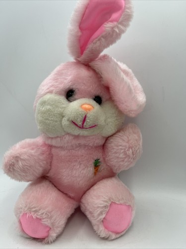 Vintage rosa Osterhase Satin Ohren Karotte auf Brust McCrory 11 Zoll Kaninchen Kuscheltier